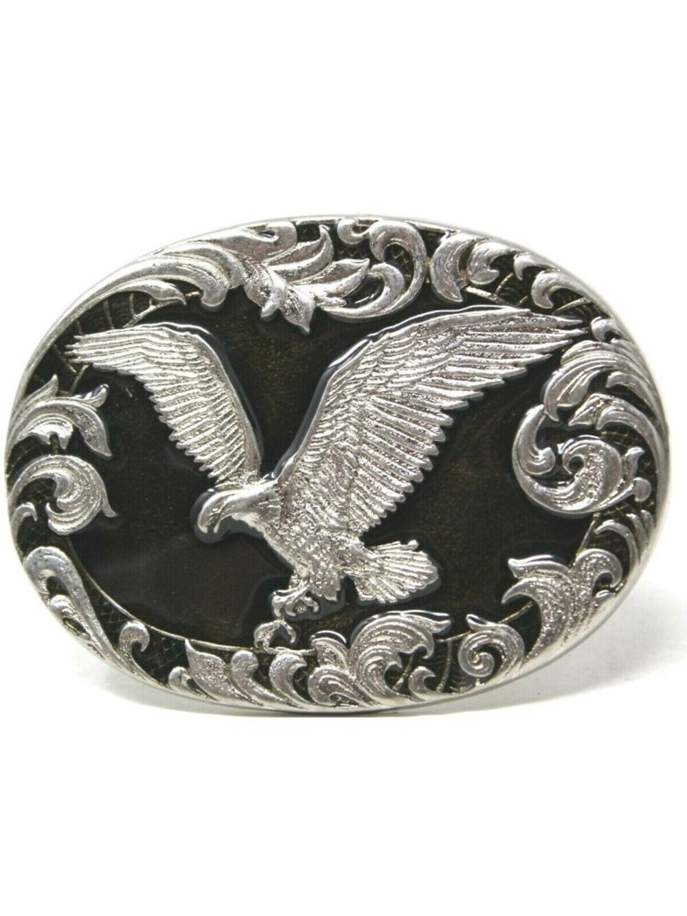 Silver Tone Eagle  w/ Black Enamel Belt Buckle Western Oval VTG #J-8